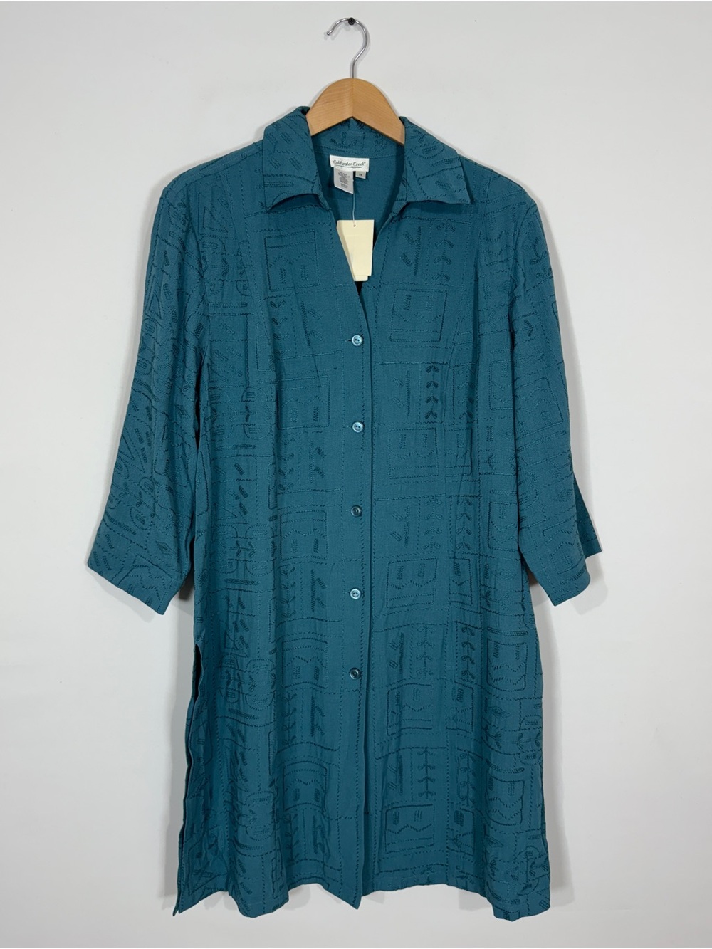 WSW23 {Coldwater Creek} Teal Blue Green 3/4 Sleeve Button Down Duster Cardigan